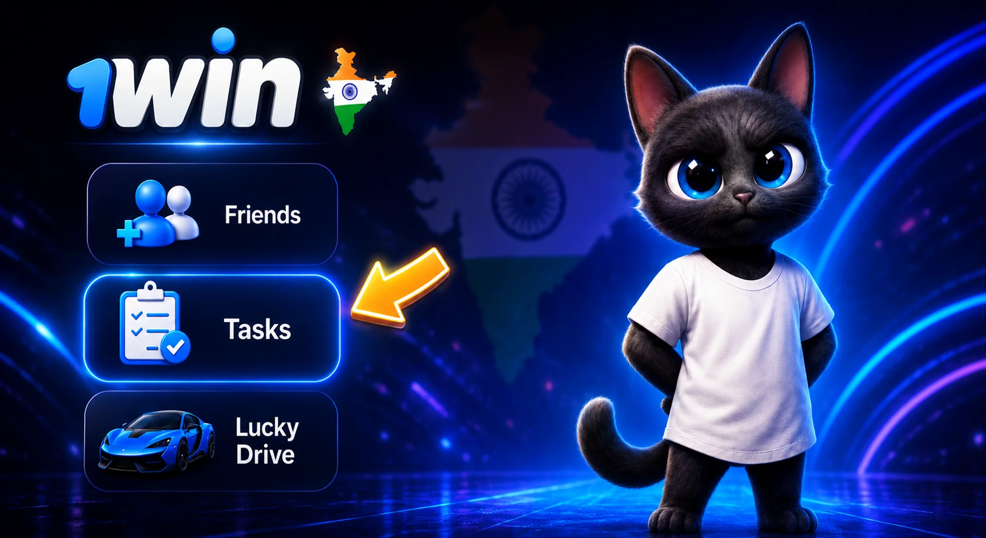 1win token mascot with gaming menu.