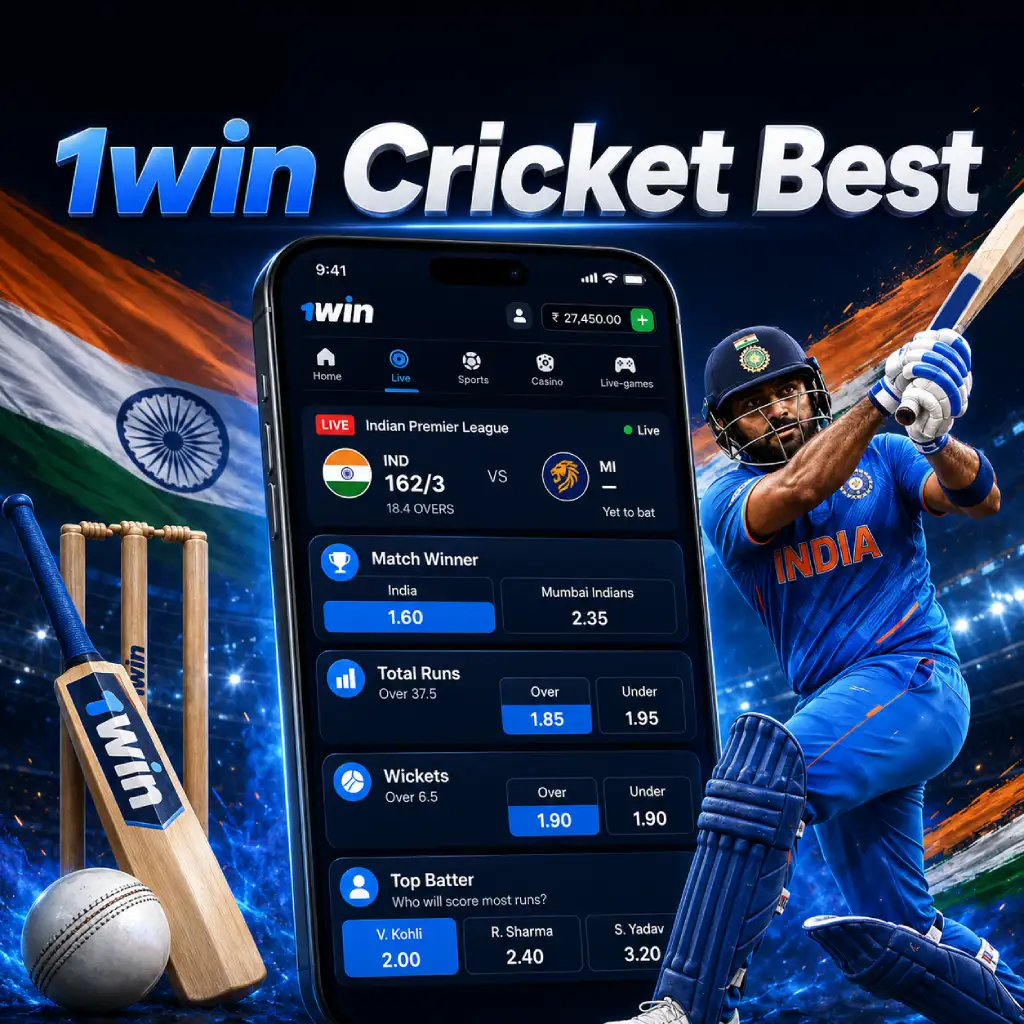 1win-india-cricket-betting-markets 1win India cricket betting markets banner with live odds, match winner, total runs, wickets and top batter options