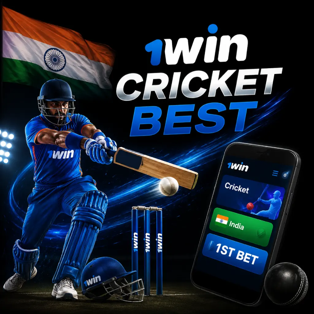 1win-india-first-cricket-bet 1win India first cricket bet banner featuring a cricket player, smartphone betting interface and Indian flag