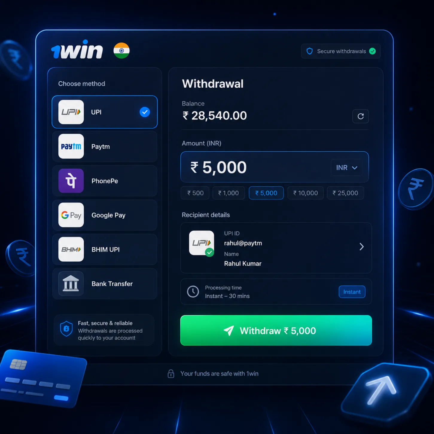 1win INR withdrawal screen for Indian users showing UPI, Paytm, PhonePe, Google Pay, BHIM UPI and bank transfer methods in a secure dark blue interface