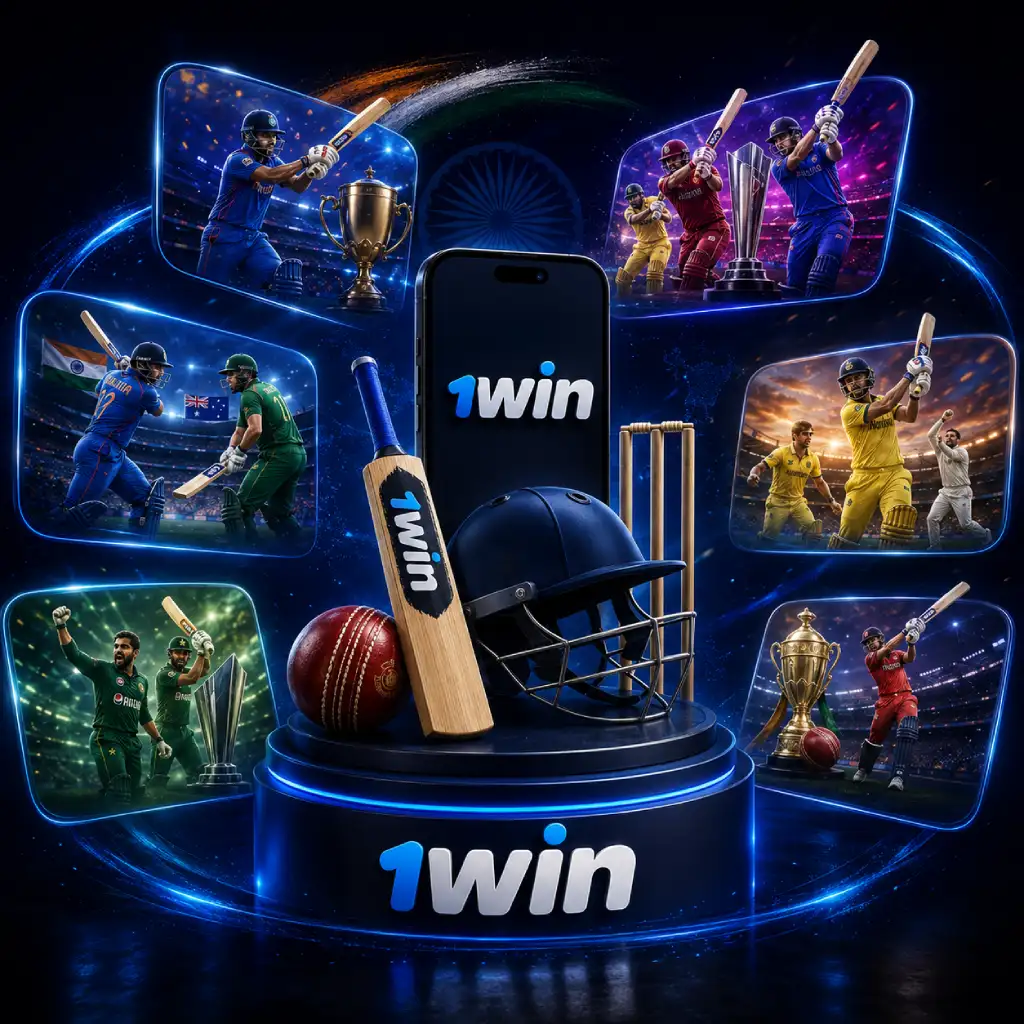 1win-year-round-cricket-tournaments 1win cricket banner featuring major international leagues, domestic tournaments, players, trophies and cricket equipment