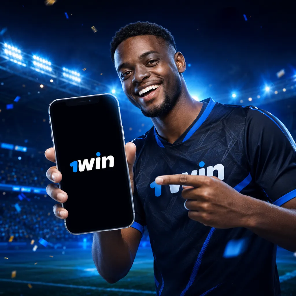 app-football-betting 1win football betting app promo with smiling player holding smartphone in blue stadium