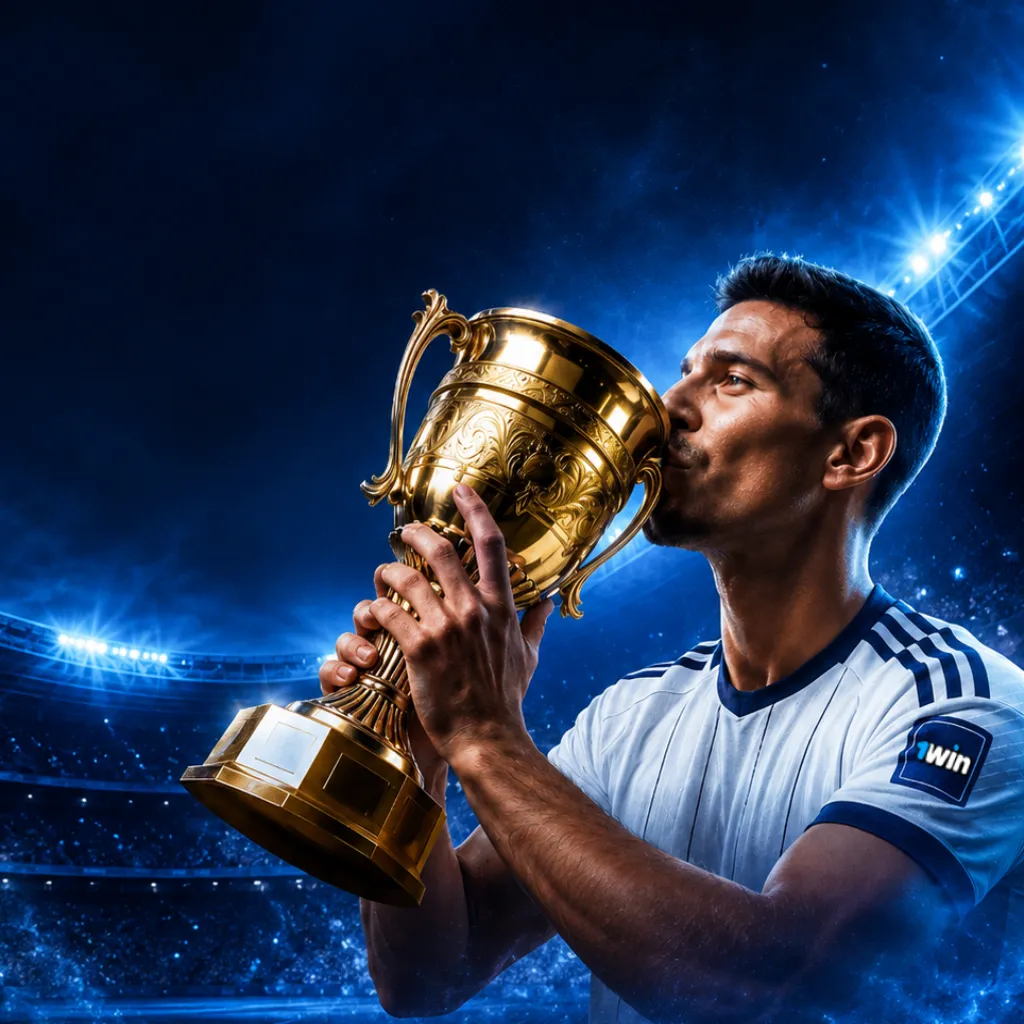 football-betting Football player kissing a golden trophy in a blue stadium for 1win World Cup betting promo