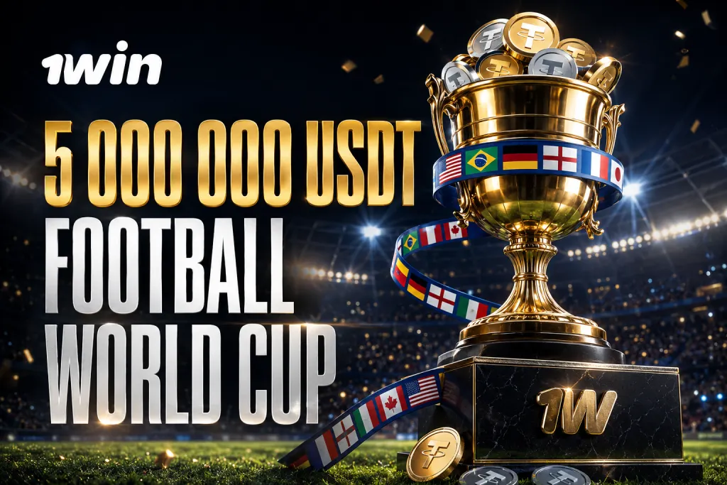 football-world-cup 1win Football World Cup promo with 5 000 000 USDT prize pool and golden trophy in stadium